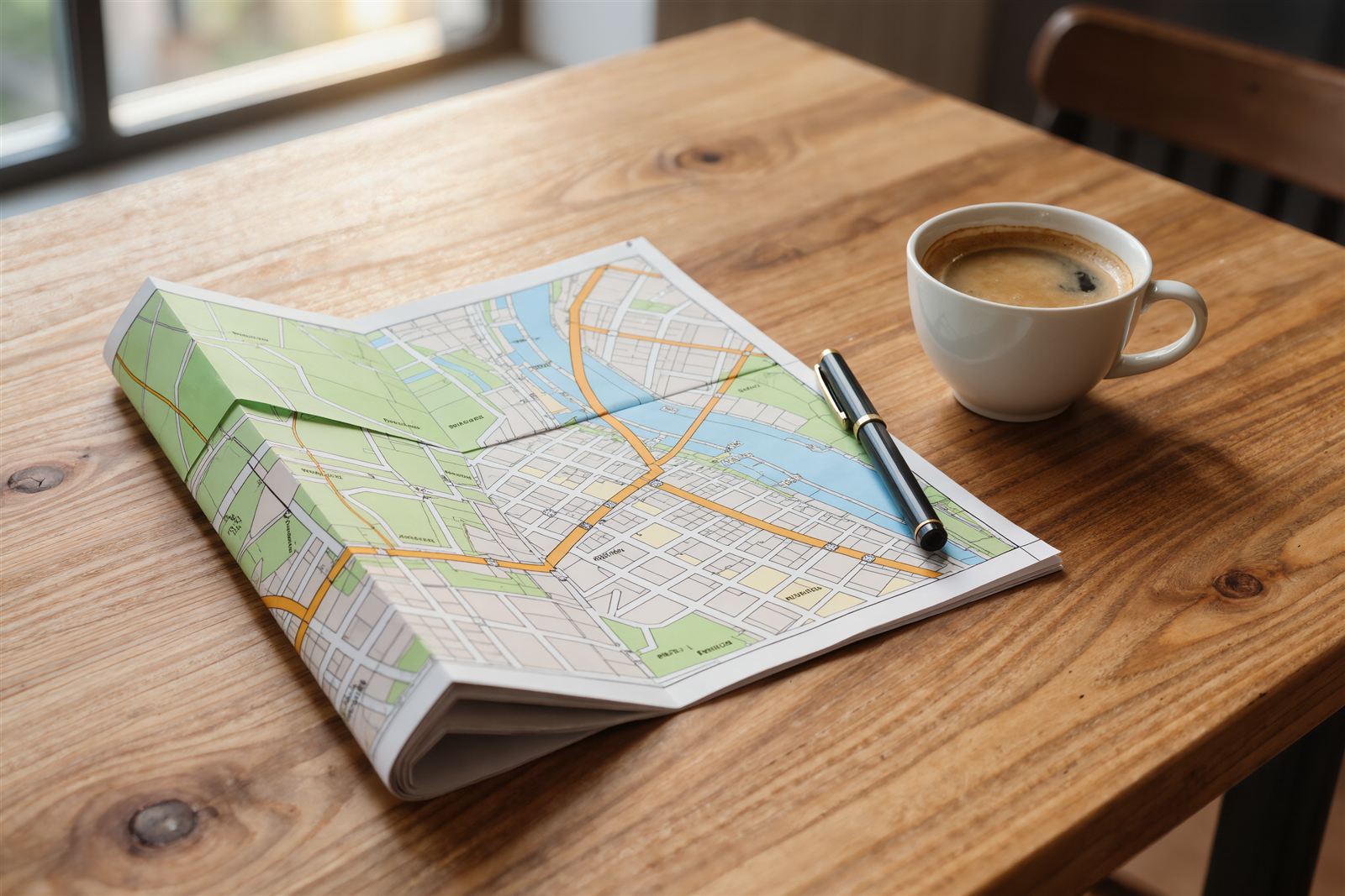 A folded city map, a pen and a cup of coffee on a wooden table