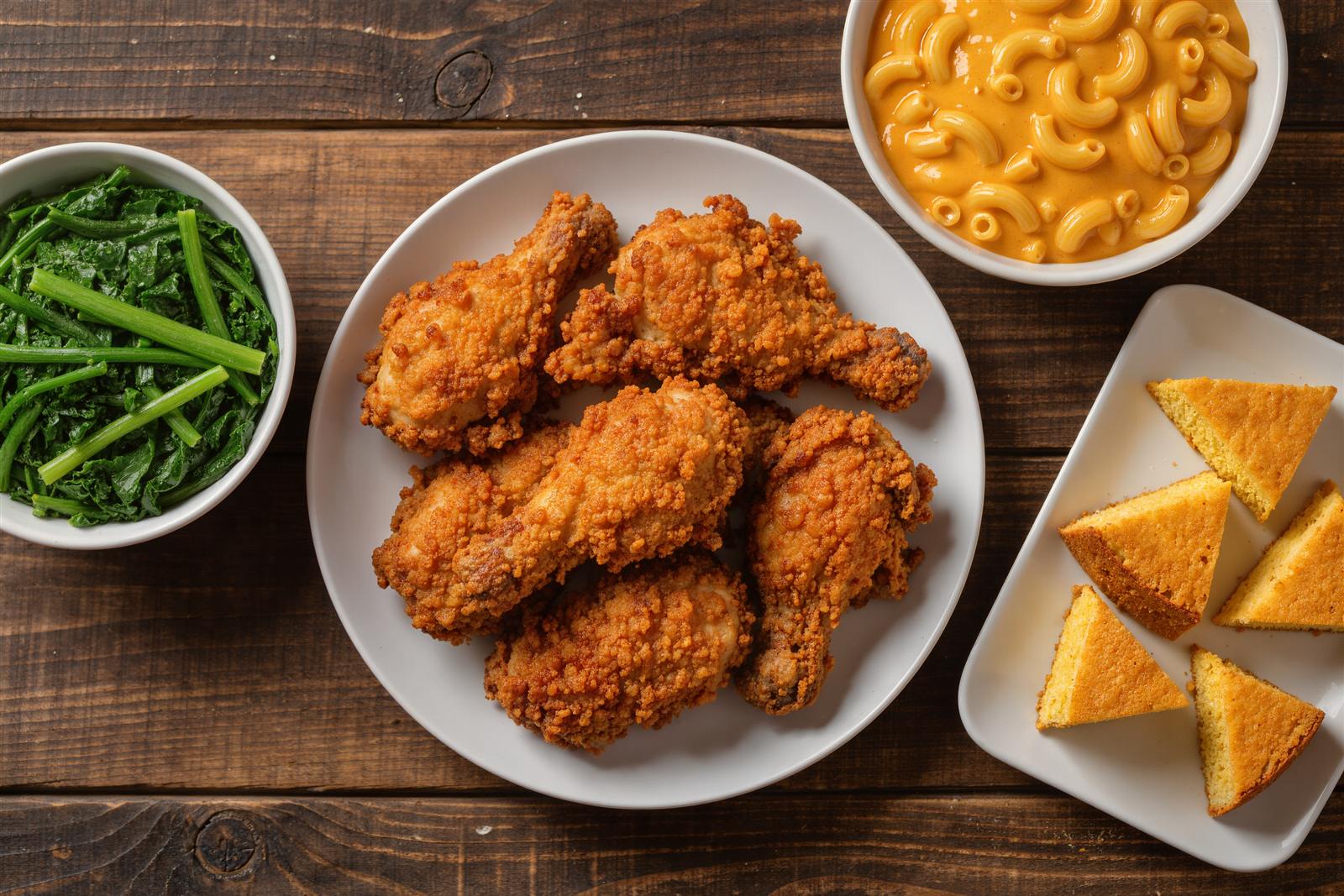 Fried chicken, collard greens, macaroni and cheese and cornbread on a wooden table