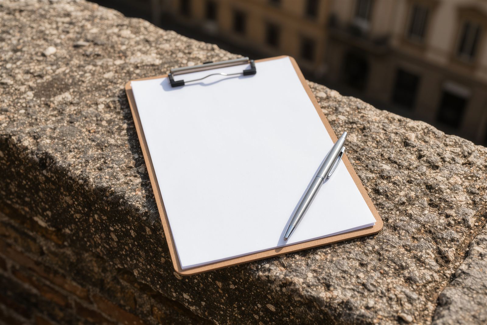 A blank clipboard and a pen resting on a stone ledge